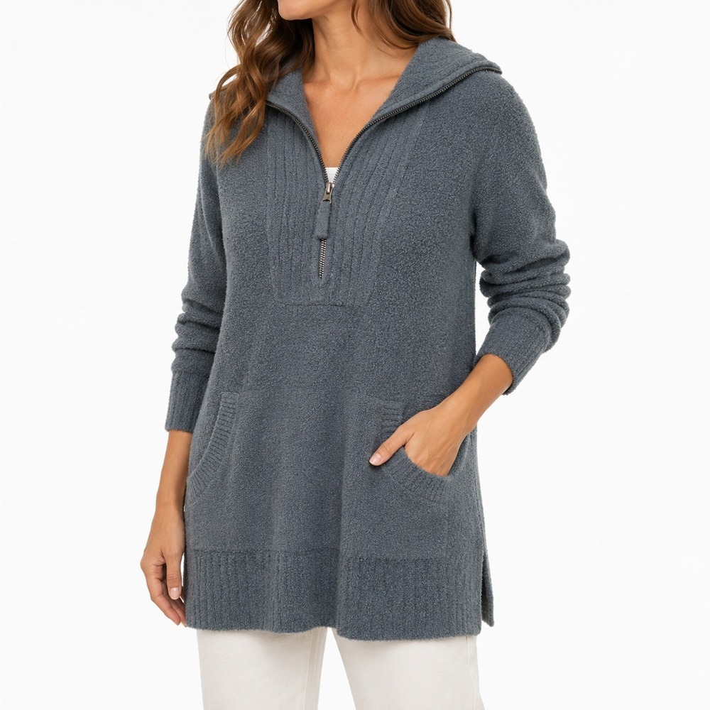 Barefoot Dreams CozyChic Lite Pullover Women Small Blue Gray Quarter Zip Sweater